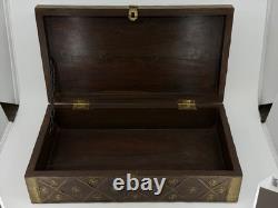 Vintage Brass Inlaid Wooden Storage Box Decorative Chest with Lattice Design