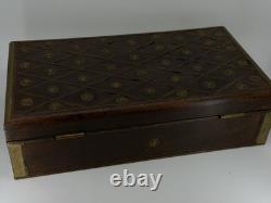 Vintage Brass Inlaid Wooden Storage Box Decorative Chest with Lattice Design