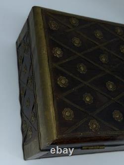 Vintage Brass Inlaid Wooden Storage Box Decorative Chest with Lattice Design
