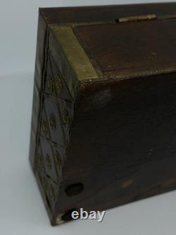 Vintage Brass Inlaid Wooden Storage Box Decorative Chest with Lattice Design