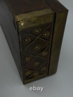 Vintage Brass Inlaid Wooden Storage Box Decorative Chest with Lattice Design