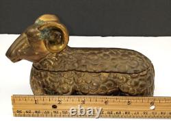 Vintage Brass Ram Horned Sheep Trinket Box with Lid Heavy Felt Bottom 6.75x3x4