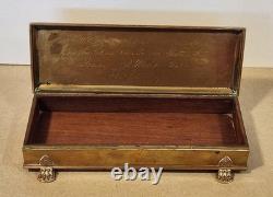 Vintage Bronze Lions Foot Tobacco Box withRosewood Lining Engraved Christmas 1936