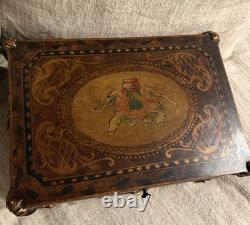 Vintage Burl Walnut Box baroque-style Trim Hand Painted Indian Elephant