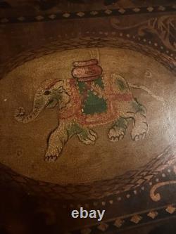 Vintage Burl Walnut Box baroque-style Trim Hand Painted Indian Elephant