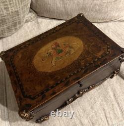 Vintage Burl Walnut Box baroque-style Trim Hand Painted Indian Elephant