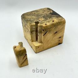 Vintage Burl Wood Puzzle Jewelry Stash Box Hand Carved Cube Sculpture Minimalist