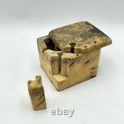 Vintage Burl Wood Puzzle Jewelry Stash Box Hand Carved Cube Sculpture Minimalist