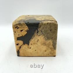 Vintage Burl Wood Puzzle Jewelry Stash Box Hand Carved Cube Sculpture Minimalist