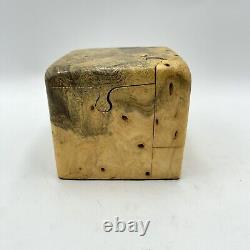 Vintage Burl Wood Puzzle Jewelry Stash Box Hand Carved Cube Sculpture Minimalist