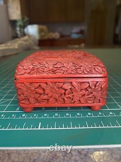 Vintage Carved Cinnabar Trinket Box Man Woman Fu Dog Elephant Footed Hinged