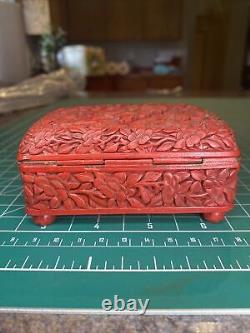 Vintage Carved Cinnabar Trinket Box Man Woman Fu Dog Elephant Footed Hinged