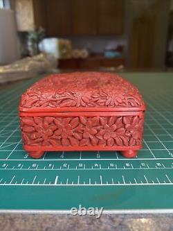 Vintage Carved Cinnabar Trinket Box Man Woman Fu Dog Elephant Footed Hinged