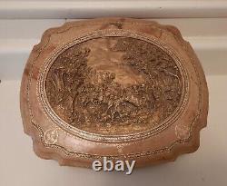 Vintage Carved Wood Leather Satin Jewelry Box France