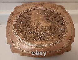 Vintage Carved Wood Leather Satin Jewelry Box France