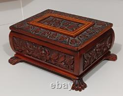 Vintage Carved Wooden Dresser / Jewelry Box Inlaid Relief Footed
