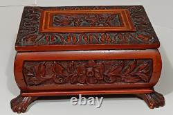 Vintage Carved Wooden Dresser / Jewelry Box Inlaid Relief Footed