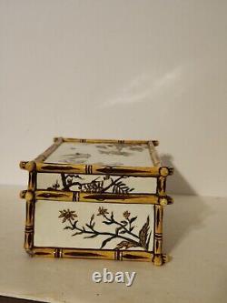 Vintage Ceramic Large Asian Trinket Box Birds (Swallows) And Bamboo Design