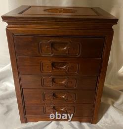 Vintage Chinese Carved 5-Drawer Rosewood Jewelry Chest Handmade Gorgeous