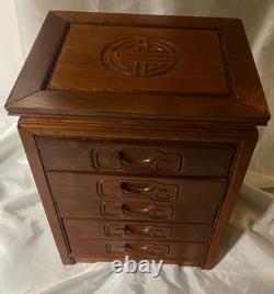 Vintage Chinese Carved 5-Drawer Rosewood Jewelry Chest Handmade Gorgeous