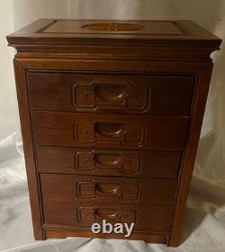 Vintage Chinese Carved 5-Drawer Rosewood Jewelry Chest Handmade Gorgeous