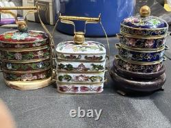 Vintage Chinese Cloisonne Enamel Brass Lot 5 Trinket Boxes Tea Pot Asian