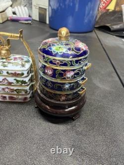 Vintage Chinese Cloisonne Enamel Brass Lot 5 Trinket Boxes Tea Pot Asian