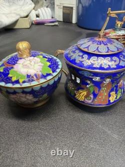 Vintage Chinese Cloisonne Enamel Brass Lot 5 Trinket Boxes Tea Pot Asian