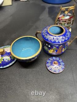 Vintage Chinese Cloisonne Enamel Brass Lot 5 Trinket Boxes Tea Pot Asian