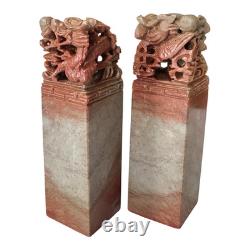 Vintage Chinese Hand Carved Soapstone Seal Stamp Pair in Box Dragon & Phoenix