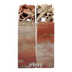 Vintage Chinese Hand Carved Soapstone Seal Stamp Pair in Box Dragon & Phoenix