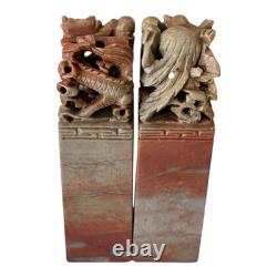 Vintage Chinese Hand Carved Soapstone Seal Stamp Pair in Box Dragon & Phoenix