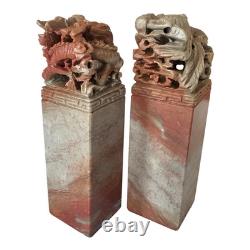 Vintage Chinese Hand Carved Soapstone Seal Stamp Pair in Box Dragon & Phoenix