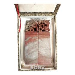 Vintage Chinese Hand Carved Soapstone Seal Stamp Pair in Box Dragon & Phoenix