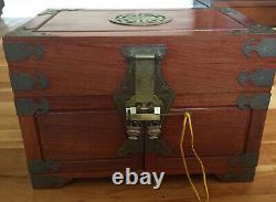 Vintage Chinese Huali wood 3 drawer withLock & Key Dressing Jewelry Box 13 7/8 L