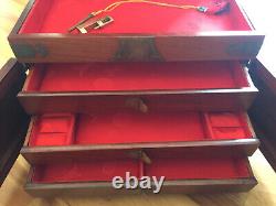 Vintage Chinese Huali wood 3 drawer withLock & Key Dressing Jewelry Box 13 7/8 L