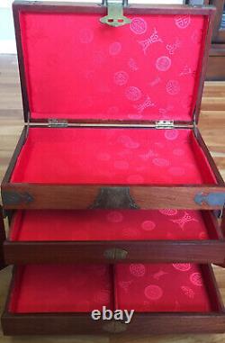 Vintage Chinese Huali wood 3 drawer withLock & Key Dressing Jewelry Box 13 7/8 L