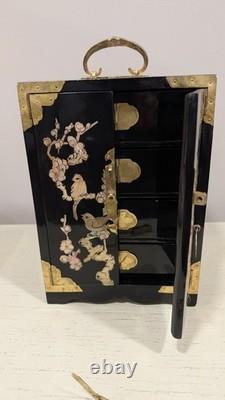 Vintage Chinese Jewelry Box Cabinet Brass with Perl Inlay
