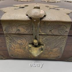 Vintage Chinese Shoi Brass Rosewood Trinket Jewelry Box, Turtle Latch Lock