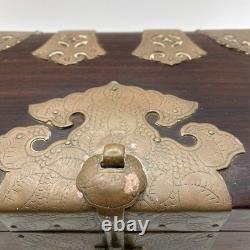 Vintage Chinese Shoi Brass Rosewood Trinket Jewelry Box, Turtle Latch Lock
