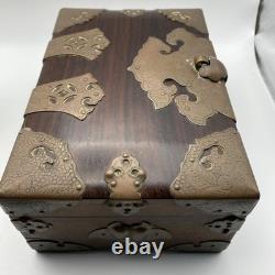 Vintage Chinese Shoi Brass Rosewood Trinket Jewelry Box, Turtle Latch Lock