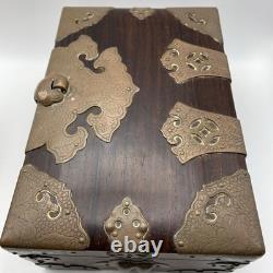 Vintage Chinese Shoi Brass Rosewood Trinket Jewelry Box, Turtle Latch Lock