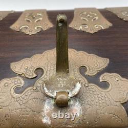Vintage Chinese Shoi Brass Rosewood Trinket Jewelry Box, Turtle Latch Lock