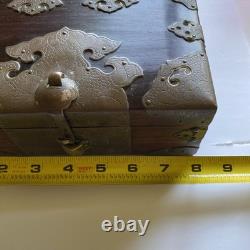 Vintage Chinese Shoi Brass Rosewood Trinket Jewelry Box, Turtle Latch Lock