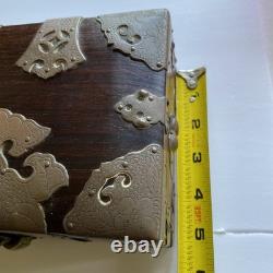 Vintage Chinese Shoi Brass Rosewood Trinket Jewelry Box, Turtle Latch Lock