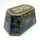 Vintage Chinoiserie Black Lacquer Box With Hand Painted Leaves, Fruit, & Parrots