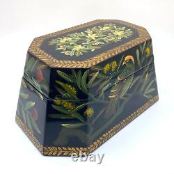 Vintage Chinoiserie Black Lacquer Box with Hand Painted Leaves, Fruit, & Parrots