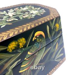 Vintage Chinoiserie Black Lacquer Box with Hand Painted Leaves, Fruit, & Parrots