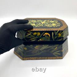 Vintage Chinoiserie Black Lacquer Box with Hand Painted Leaves, Fruit, & Parrots