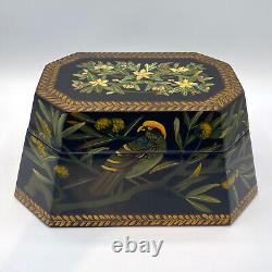 Vintage Chinoiserie Black Lacquer Box with Hand Painted Leaves, Fruit, & Parrots